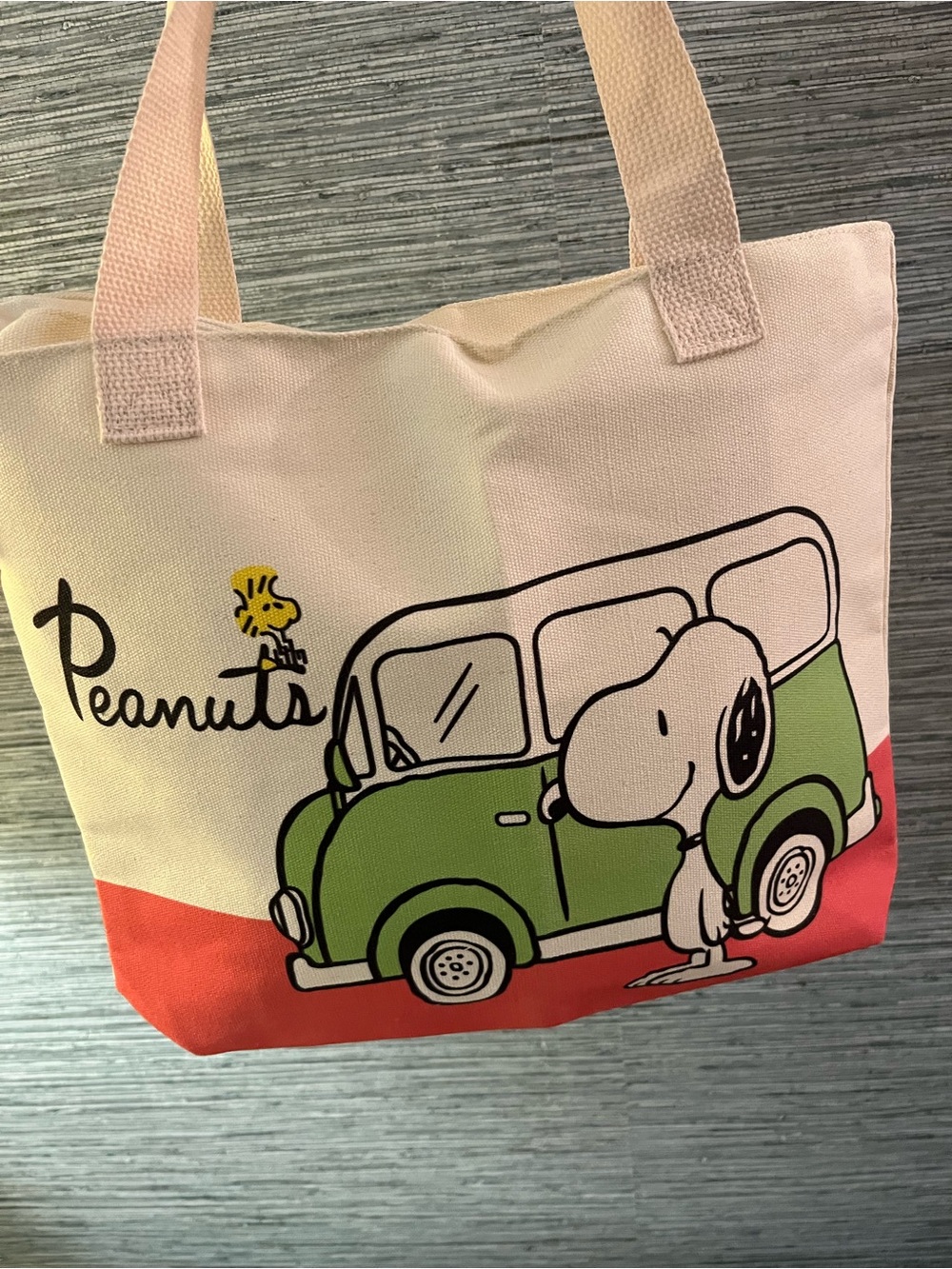Peanuts Canvas Tote with Pink and Green Car Graphic - Picture 3 of 9